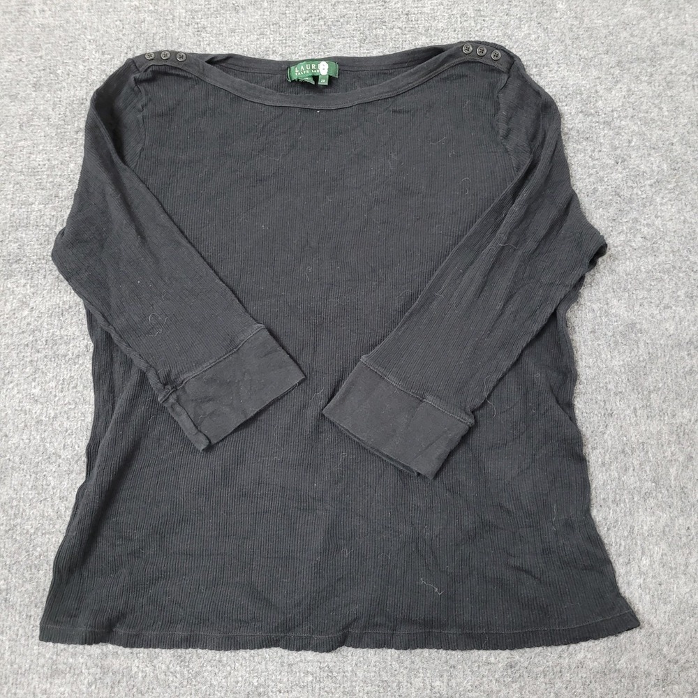 Lauren Ralph Lauren Top Womens 2X Black Pima Cotton Ribbed Boat Neck Button USA